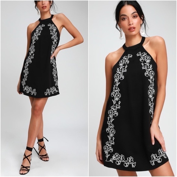 Lulus Dresses & Skirts - Lulu’s Floral Embroidered Black White Halter Neck Mini Formal Cute Party Dress